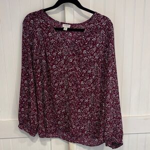 J.Crew Burgundy Floral, v-neck, long sleeve Blouse size XL